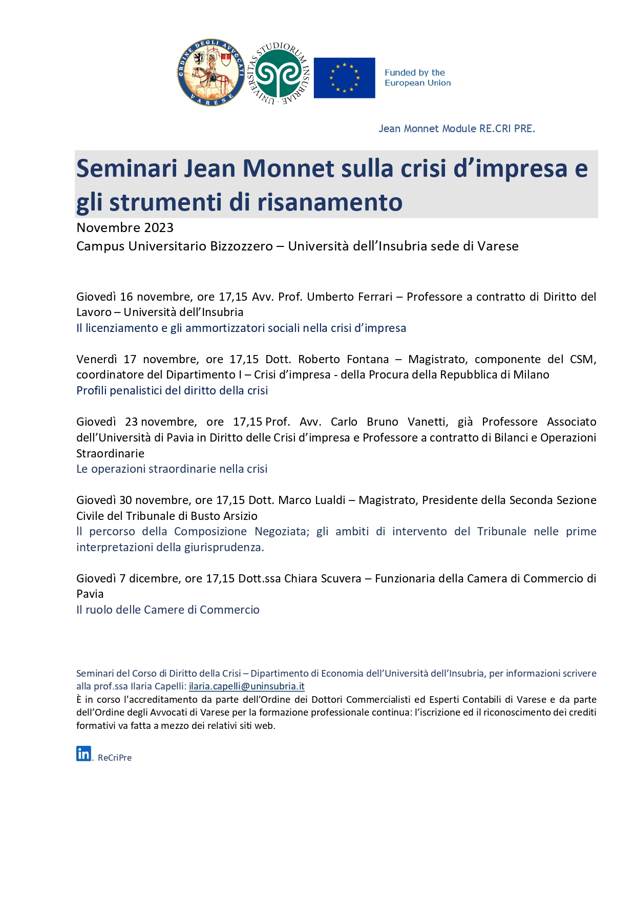 Ciclo di seminari Jean Monnet sulla crisi d'impresa e gli strumenti di risanamento