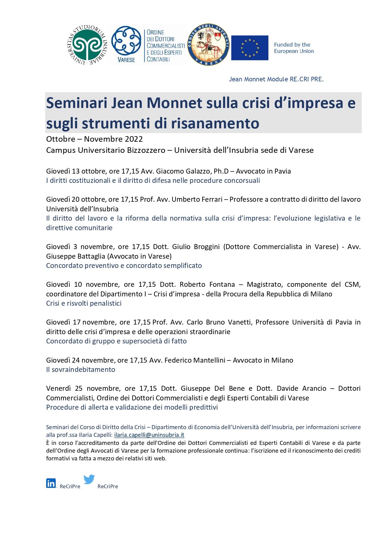 Ciclo di seminari Jean Monnet sulla crisi d'impresa e gli strumenti di risanamento